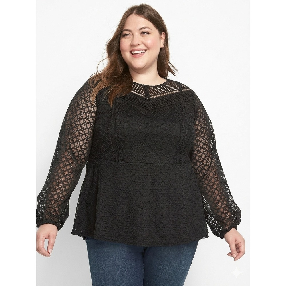 Whimsigoth Romantic Mesh Lace Sleeve Poet Top Black Hourglass Party Size 16